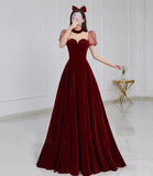 Cute velvet long prom dress burgundy A line evening dress HZ1023