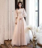 Pink Elegant Fashion A-line Lace Long sleeves Long Tulle Ball Gown Evening Gown Bridesmaid Dress HZ1023