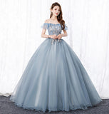 Grey tulle lace long prom gown A line evening dress HZ1023