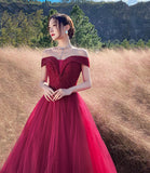 Red tulle beads long prom dress A line evening dress HZ1023