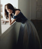 Blue velvet tulle long prom dress evening gown HZ1023