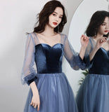 Blue vlevet tulle long prom dress A line evening gown HZ1023