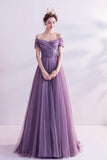Purple tulle long prom dress A line evening dress HZ1023