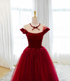 Burgundy velvet tulle long prom dress A line evening gown HZ1023