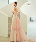 Pink satin tulle long prom dress A line evening dress HZ1023