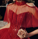 Burgundy tulle sequins long ball gown dress evening gown HZ1023