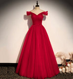 Red tulle long A line prom dress red evening dress HZ1023