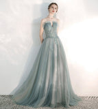 Stylish tulle lace long prom dress green evening dress HZ1023