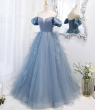 Blue tulle long prom dress blue evening dress HZ1023