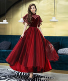 Burgundy velvet tulle prom dress burgundy evening dress HZ1023