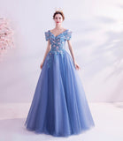 Blue tulle lace long prom dress A line formal dresses HZ1023