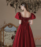 Burgundy satin long prom dress A line evening dress HZ1023