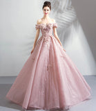 Pink tulle lace long prom dress A line evening gown HZ1023