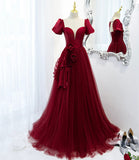 Burgundy satin tulle long prom dress evening dress HZ1023