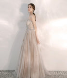 Champagne tulle sequins long prom dress A line evening dress HZ1023