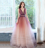 Pink v neck tulle long prom dress evening dress HZ1023