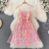 Glittering Sequin lady mesh pink suspender dress summer HZ1023