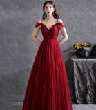 Burgundy v neck tulle long prom dress evening dress HZ1023