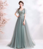 Elegant v neck lace long prom dress evening dress HZ1023