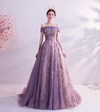 Purple tulle sequins long A line prom dress evening dress HZ1023