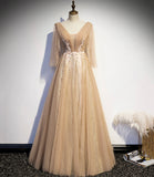 Champagne v neck lace long prom dress A line evening dress HZ1023