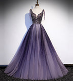 Purple v neck tulle beads long prom dress evening dress HZ1023