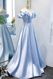 Blue satin long A line prom dress blue evening dress HZ1023