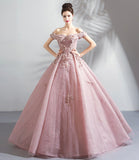 Pink tulle lace long prom dress A line evening gown HZ1023