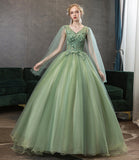 Green tulle lace long prom dress A line evening gown HZ1023