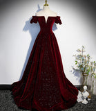 Burgundy velvet long prom dress A line evening gown HZ1023