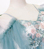 Blue v neck lace long prom gown blue evening dress HZ1023