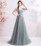 Elegant v neck lace long prom dress evening dress HZ1023
