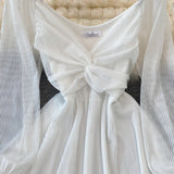 White V Neck Short Dress A Line Long Sleeve Dress HZ1023