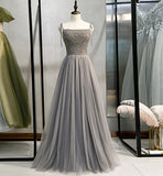 Gray tulle beads long prom gown evening dress HZ1023