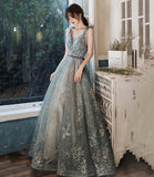 Gray tulle sequins long prom dress evening gown HZ1023
