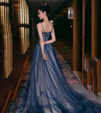 Blue tulle long prom dress shiny evening dress HZ1023