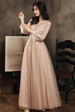 Stylish tulle lace long prom dress long sleeve evening dress HZ1023