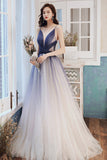 Stylish v neck tulle long A line prom dress blue evening dress HZ1023