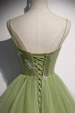 Green tulle long A line prom dress HZ1023