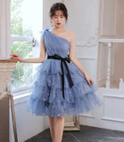Blue tulle short prom dress one shoulder evening dress HZ1023