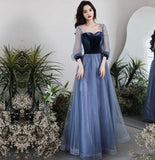 Blue vlevet tulle long prom dress A line evening gown HZ1023