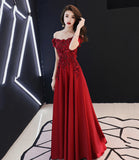 Burgundy satin lace long prom dress A line evening dress HZ1023