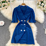 Blue Double-Breasted Striped Dress HZ1023