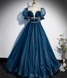 Blue tulle sequins long prom dress blue evening gown HZ1023