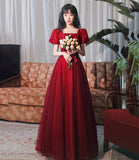 Burgundy satin tulle long prom dress A line evenig dress HZ1023