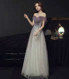 Purple tulle sequins long prom dress A line evening dress HZ1023