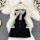 French Hepburn Sequin mesh stitched V-neck small black skirt HZ1023