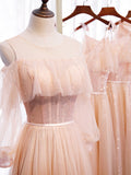 Pink tulle sequins long prom dress HZ1023