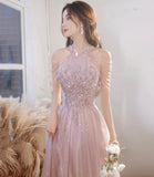 Pink tulle beads long prom dress A line evening gown HZ1023