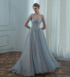 Grey tulle beads long prom dress evening dress HZ1023